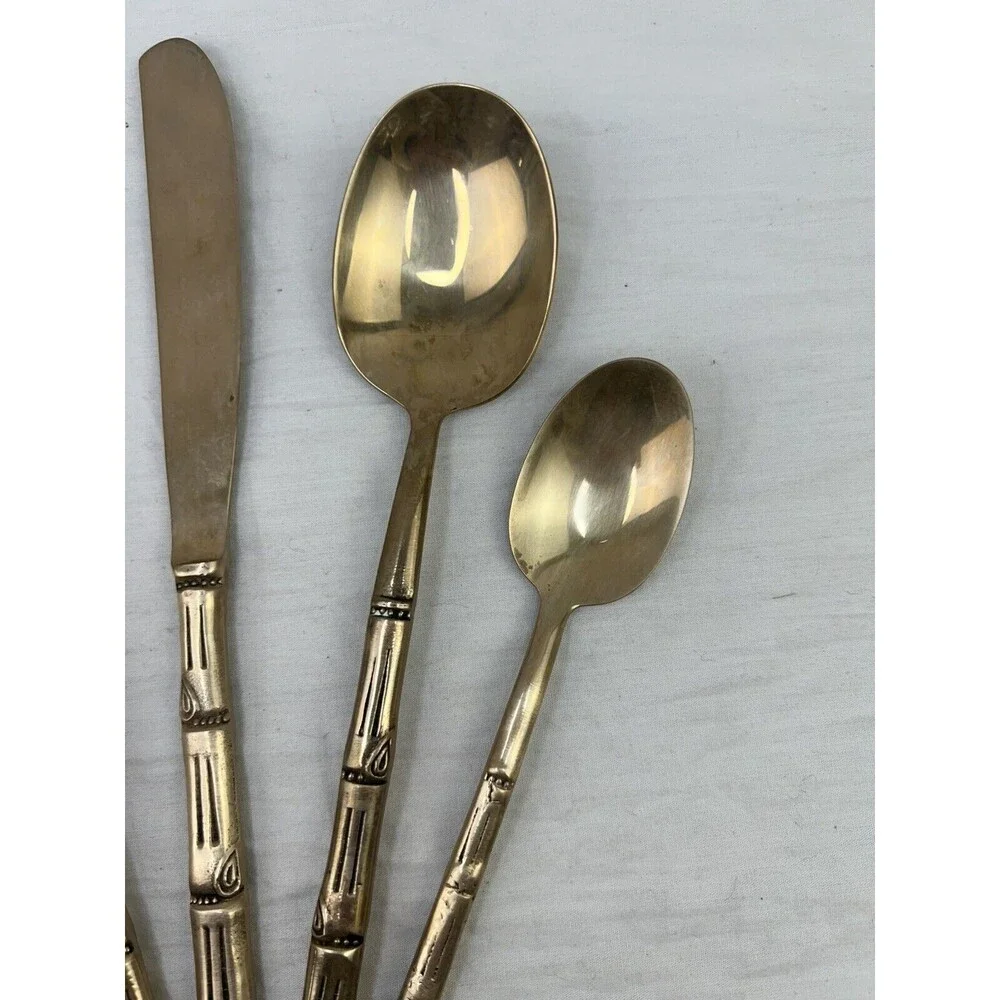 Vtg MCM Nickel Bronze Faux Bamboo Flatware 5 PCs Set Server 1 Retro‎ Decor